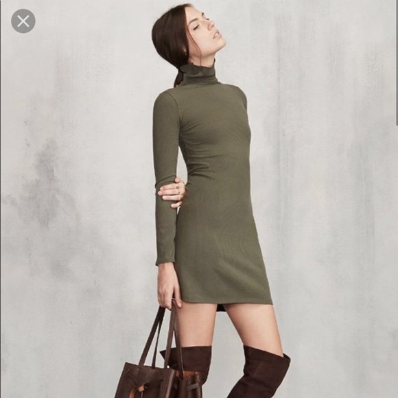 Reformation Rochelle Olive Green Ribbed Long Sleeve Turtleneck Mini‎ Dress Sz M - Picture 1 of 10